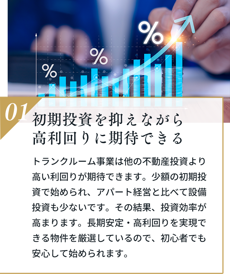 01 初期投資を抑えながら高利回りに期待できる。トランクルーム事業は他の不動産投資より高い利回りが期待できます。少額の初期投資で始められ、アパート経営と比べて設備投資も少ないです。その結果、投資効率が高まります。長期安定・高利回りを実現できる物件を厳選しているので、初心者でも安心して始められます。